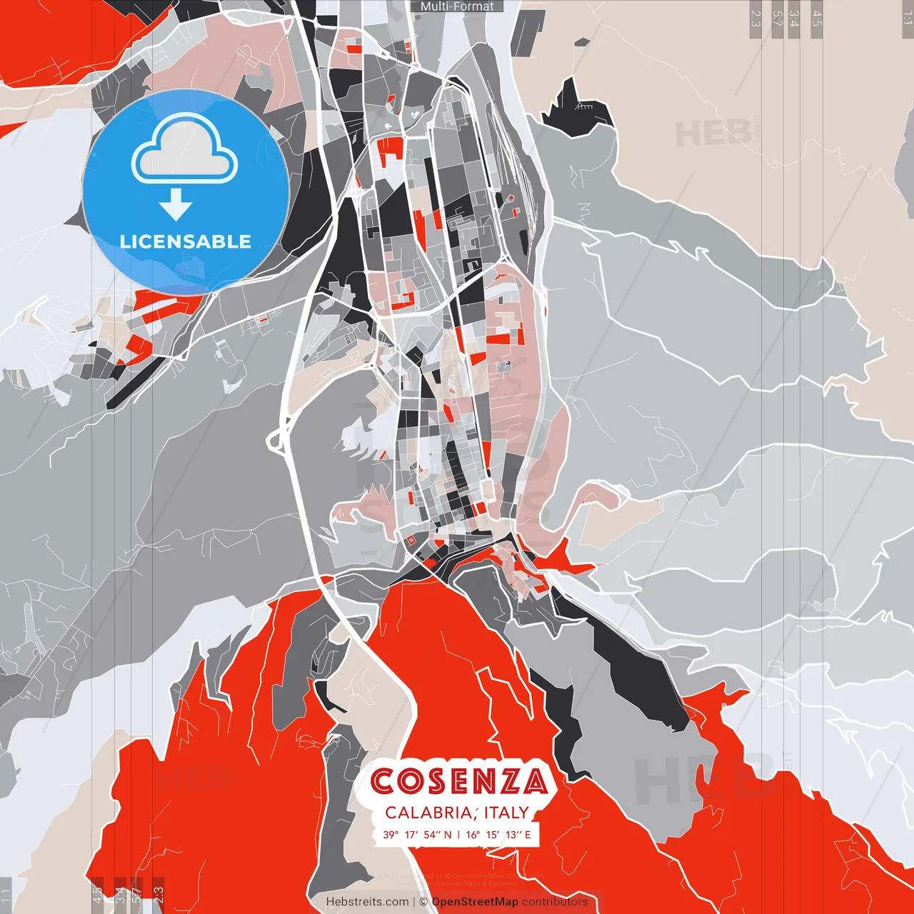 Cosenza, Calabria, Italy - modern street map poster template with gray and red tones