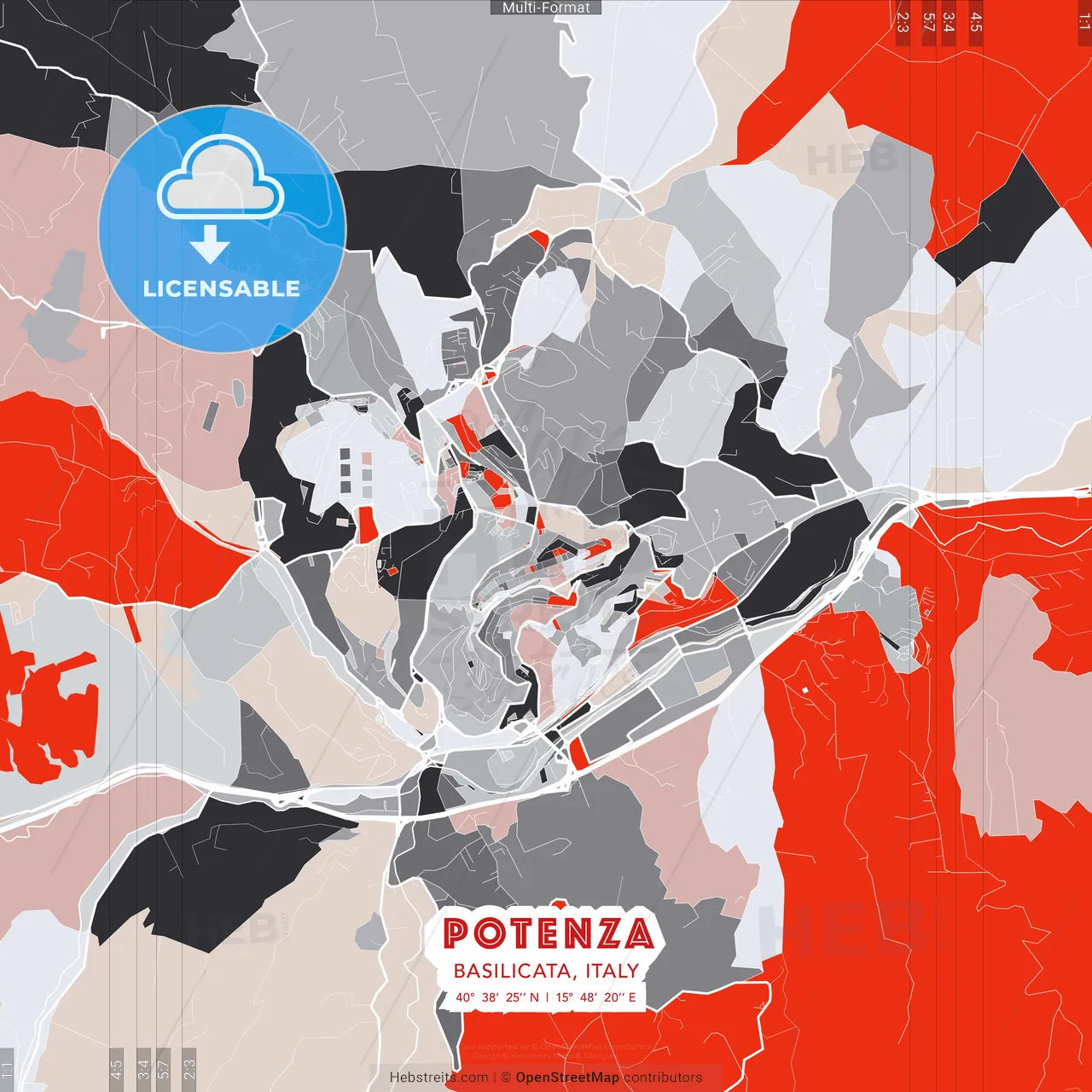 Potenza, Basilicata, Italy - modern street map poster template with gray and red tones