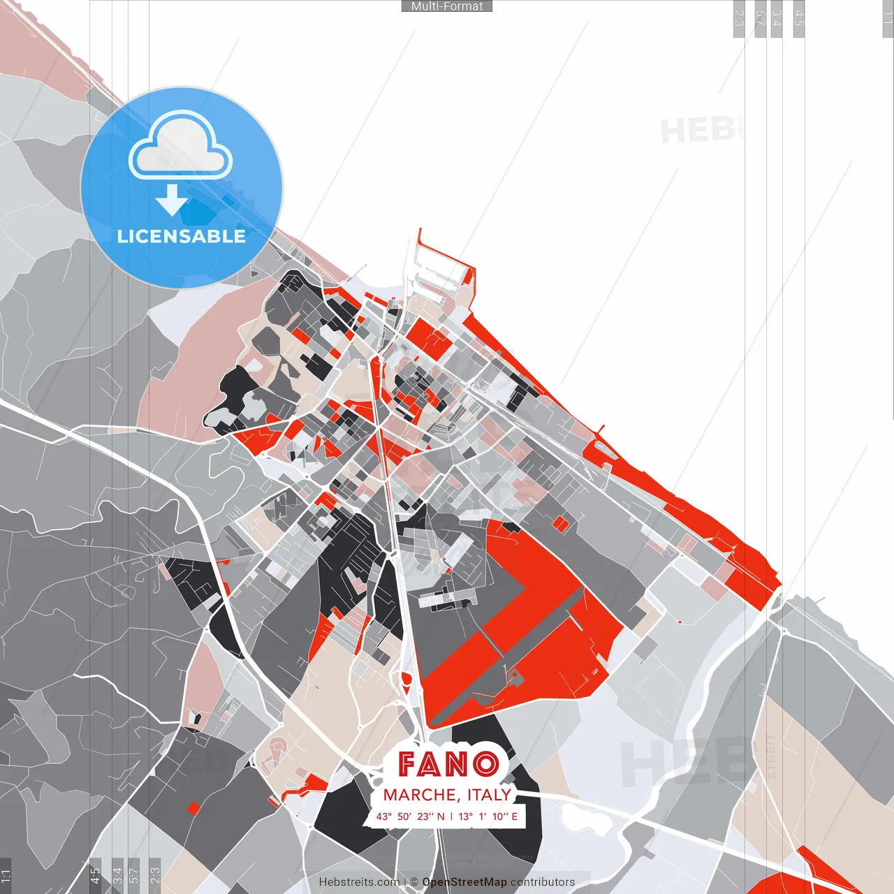 Fano, Marche, Italy - modern street map poster template with gray and red tones