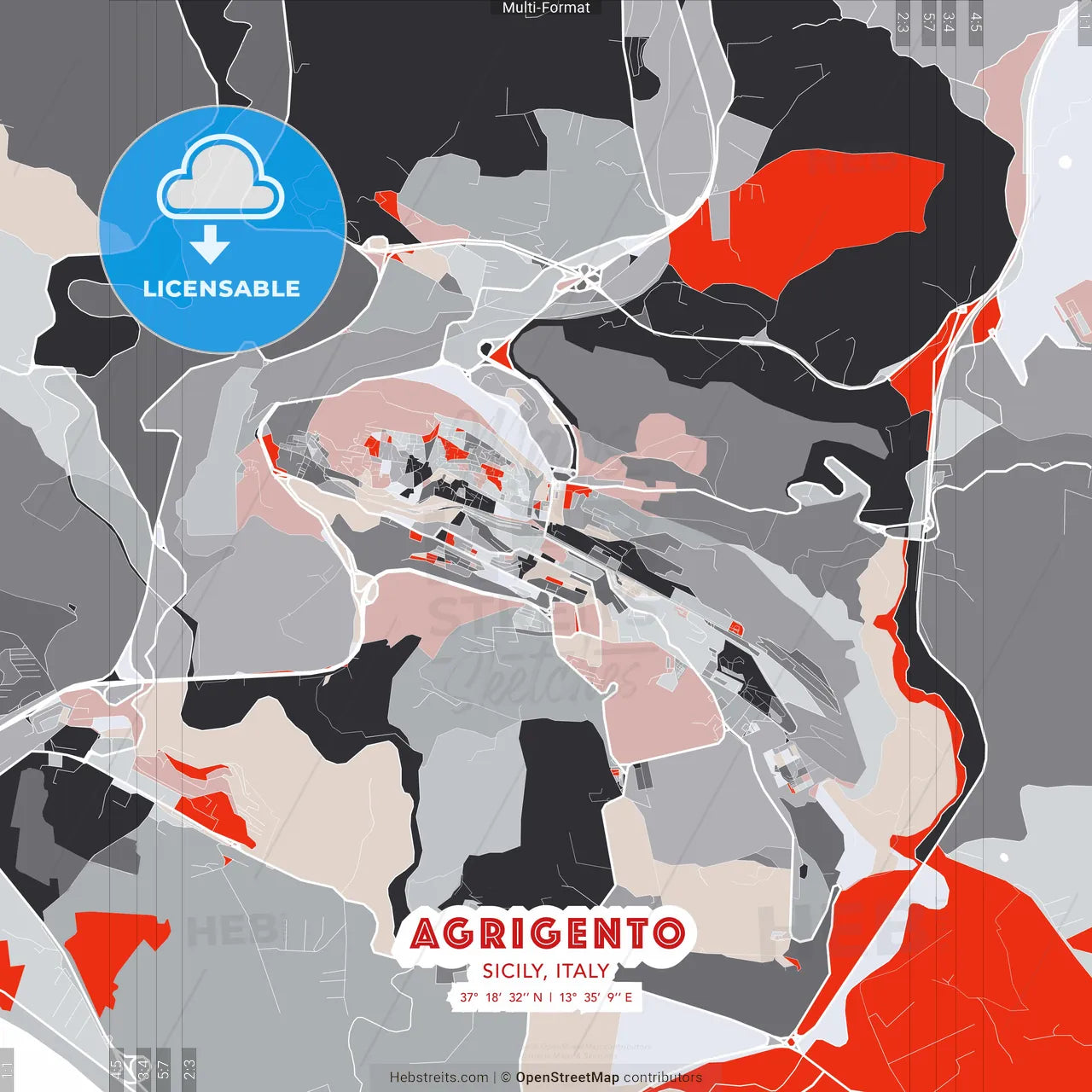 Agrigento, Sicily, Italy - modern street map poster template with gray and red tones