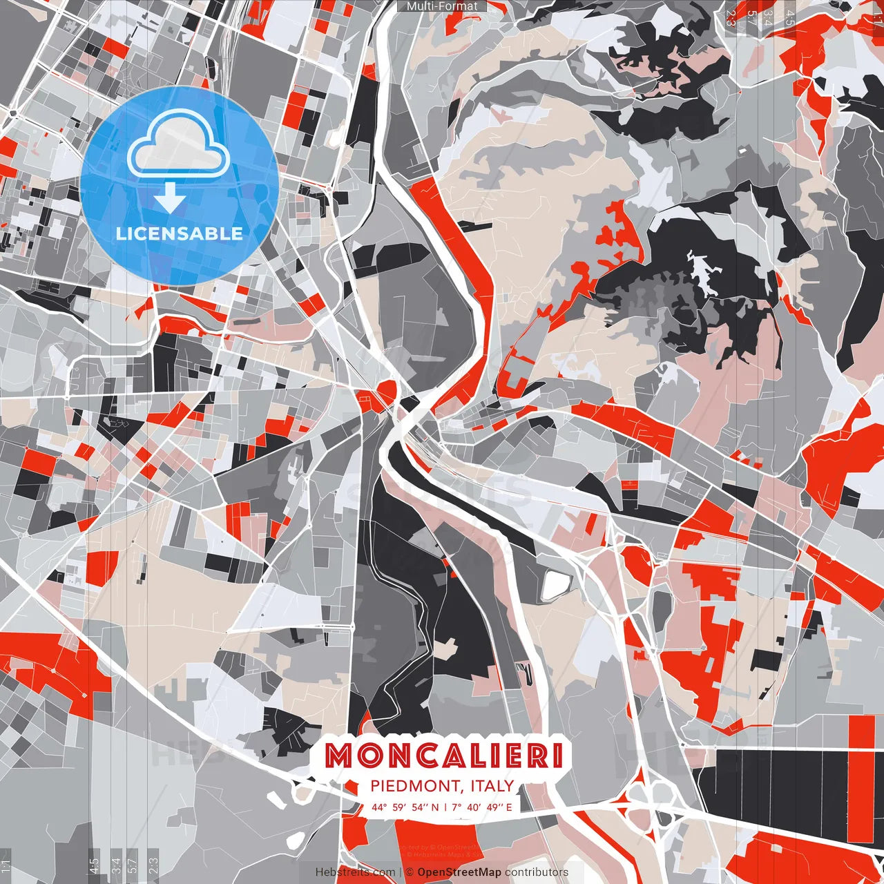 Moncalieri, Piedmont, Italy - modern street map poster template with gray and red tones