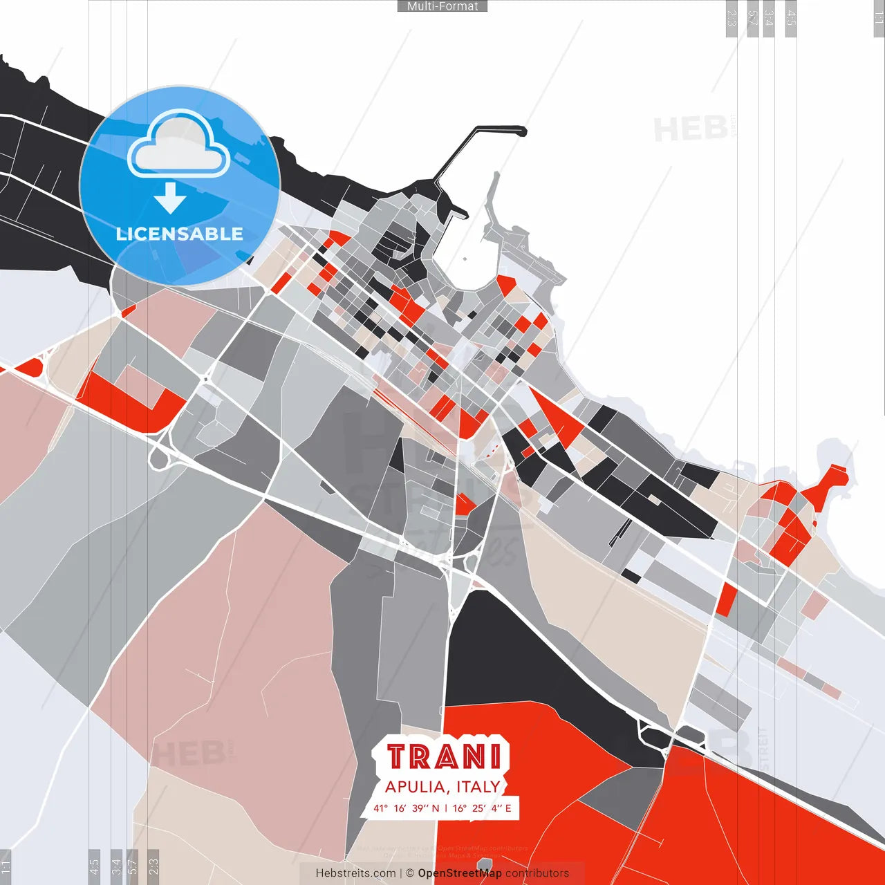 Trani, Apulia, Italy - modern street map poster template with gray and red tones