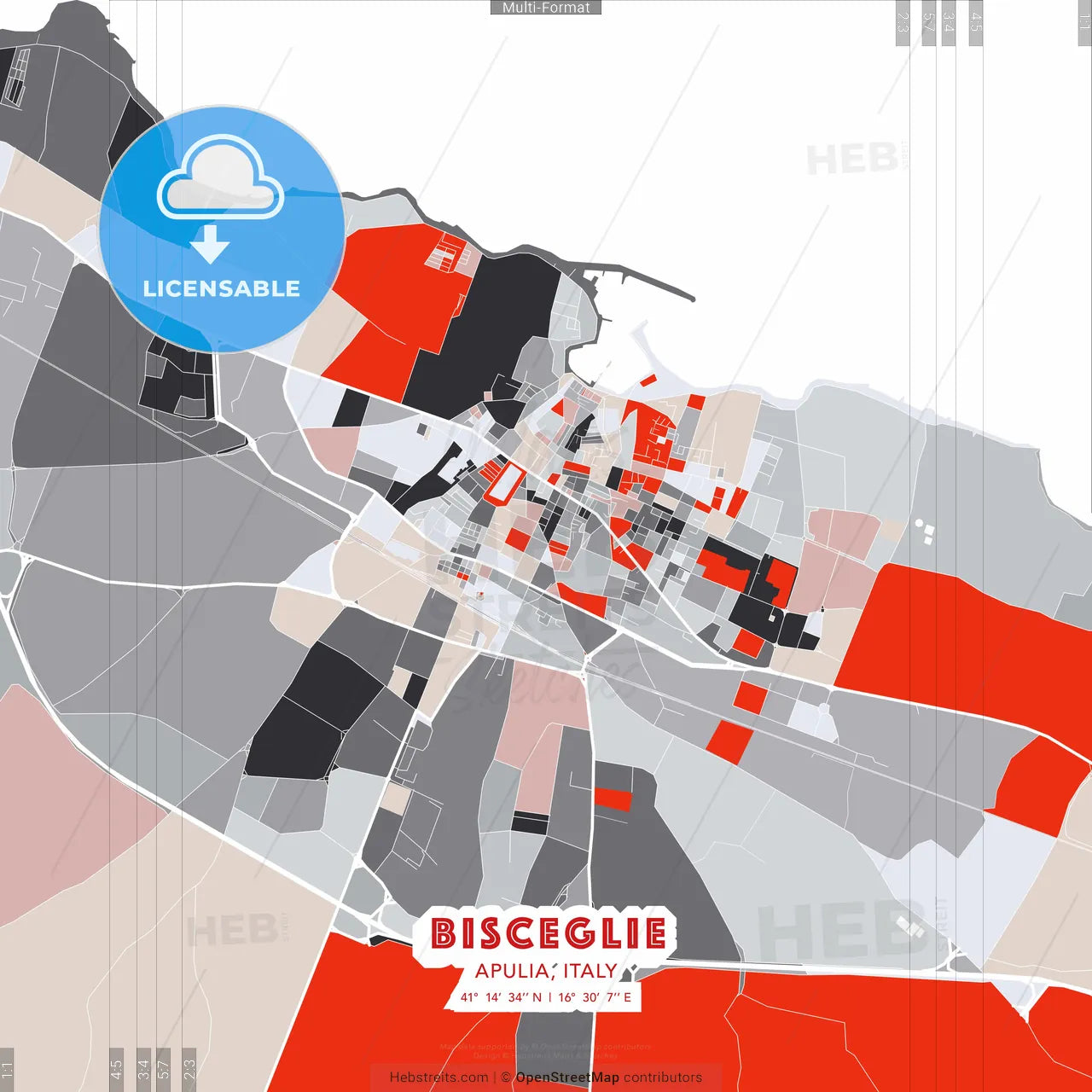 Bisceglie, Apulia, Italy - modern street map poster template with gray and red tones