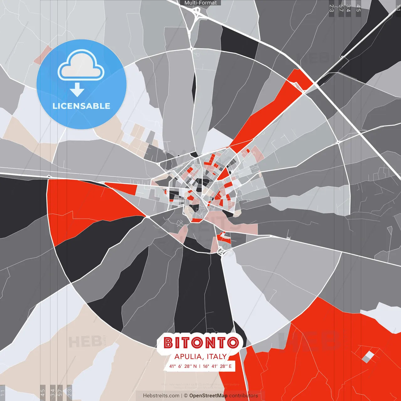 Bitonto, Apulia, Italy - modern street map poster template with gray and red tones