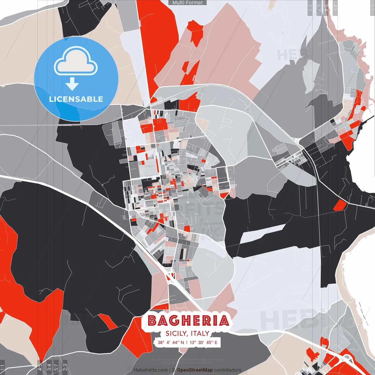 Bagheria, Sicily, Italy - modern street map poster template with gray and red tones