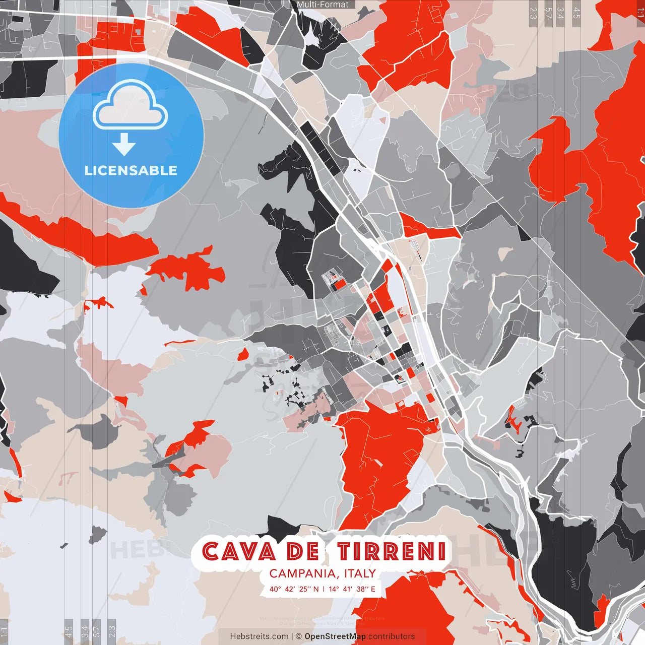 Cava de Tirreni, Campania, Italy - modern street map poster template with gray and red tones