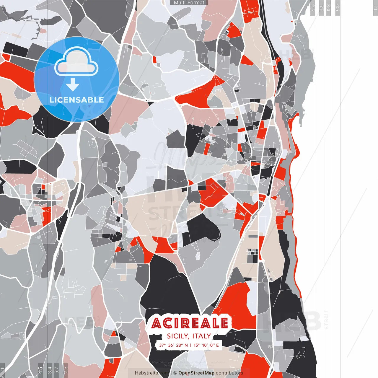 Acireale, Sicily, Italy - modern street map poster template with gray and red tones
