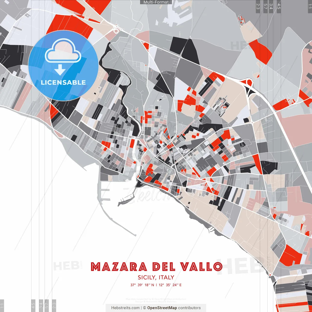 Mazara del Vallo, Sicily, Italy - modern street map poster template with gray and red tones
