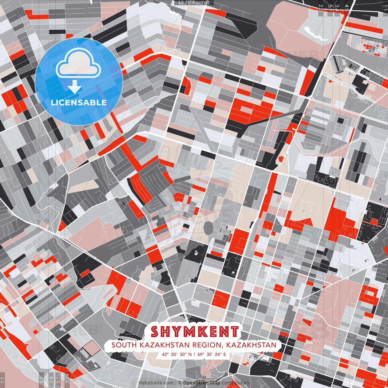 Shymkent, South Kazakhstan Region, Kazakhstan - modern street map poster template with gray and red tones