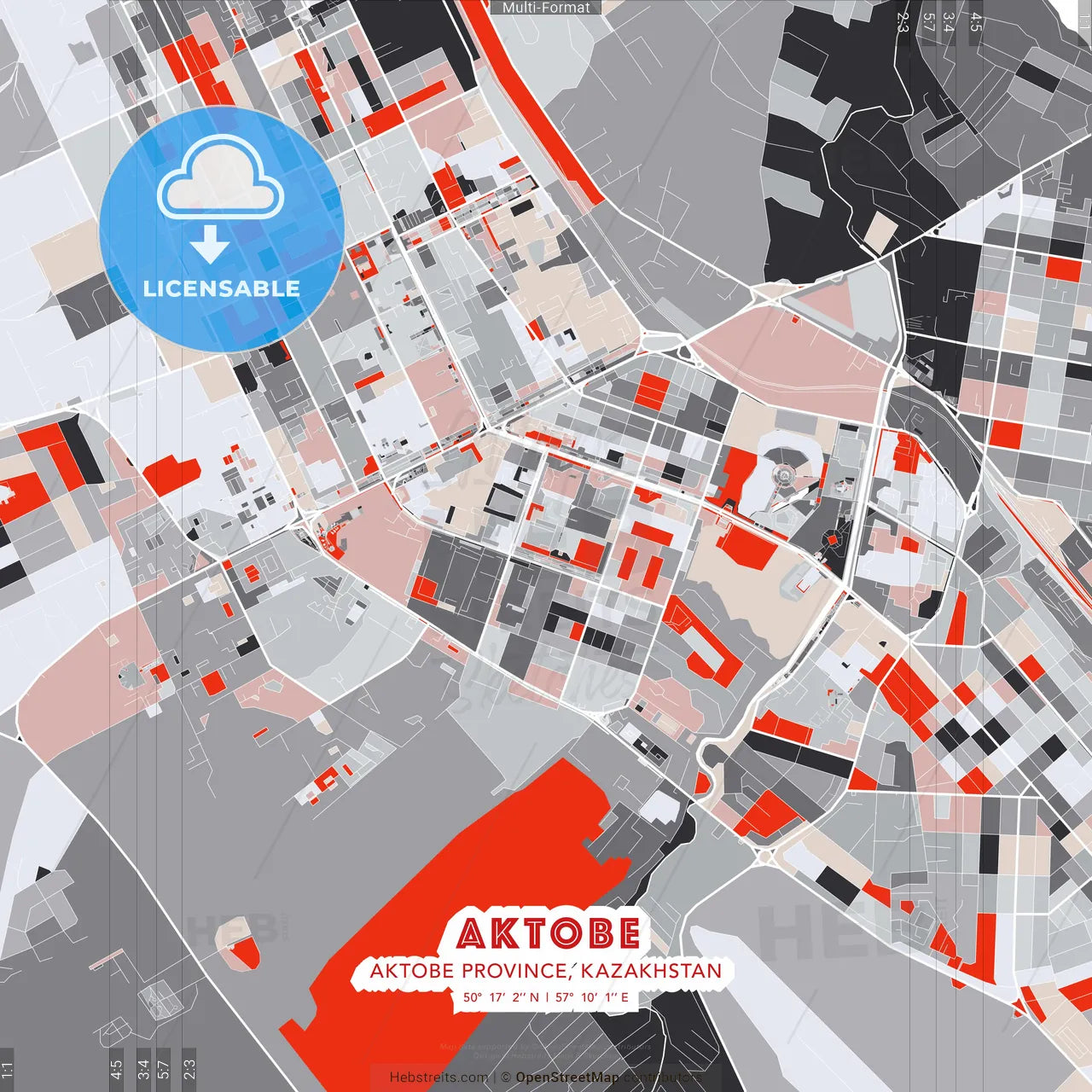 Aktobe, Aktobe Province, Kazakhstan - modern street map poster template with gray and red tones