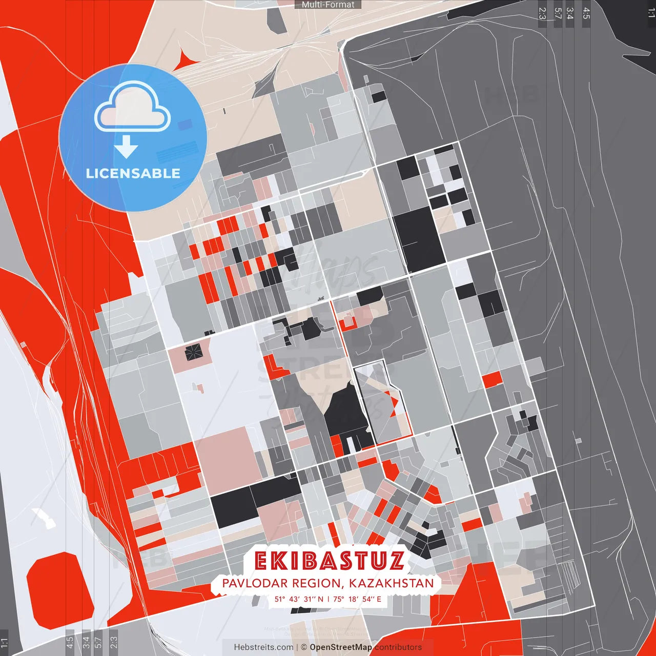 Ekibastuz, Pavlodar Region, Kazakhstan - modern street map poster template with gray and red tones