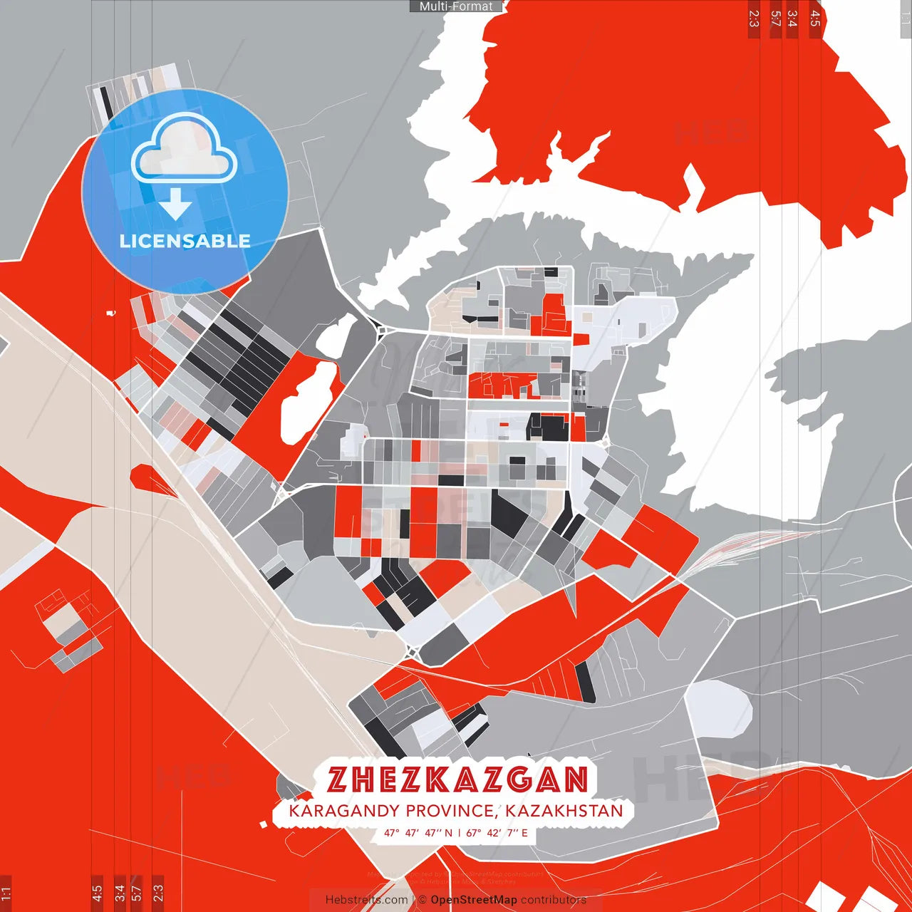 Zhezkazgan, Karagandy Province, Kazakhstan - modern street map poster template with gray and red tones