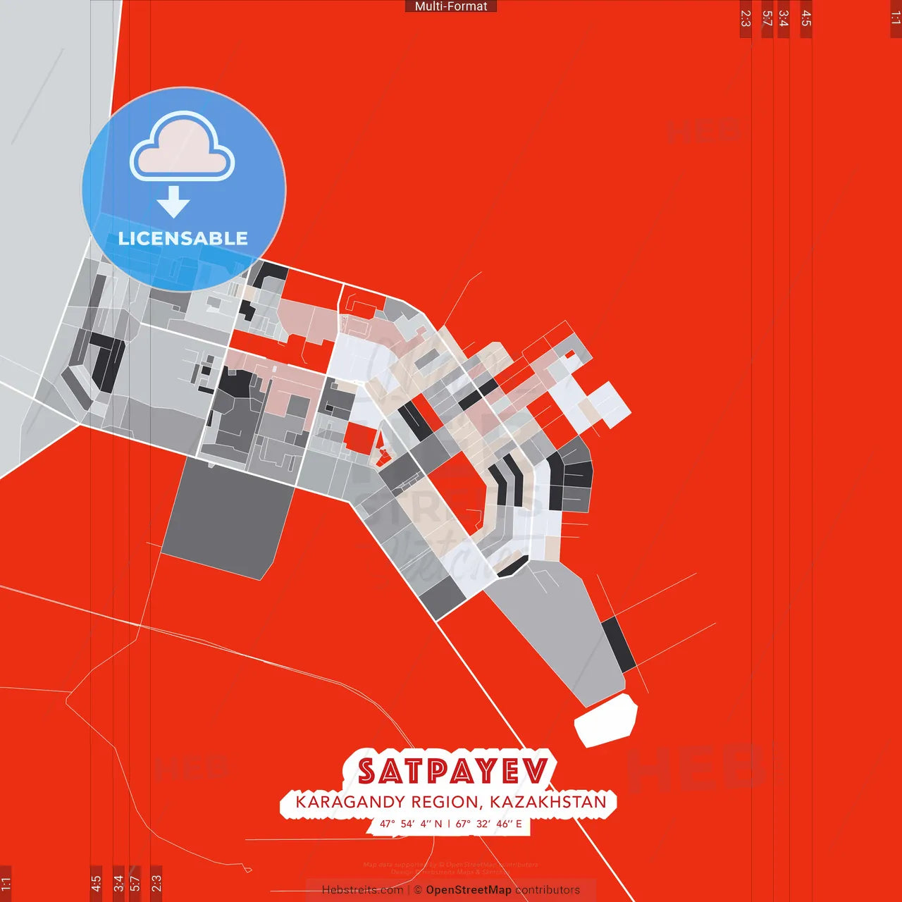 Satpayev, Karagandy Region, Kazakhstan - modern street map poster template with gray and red tones
