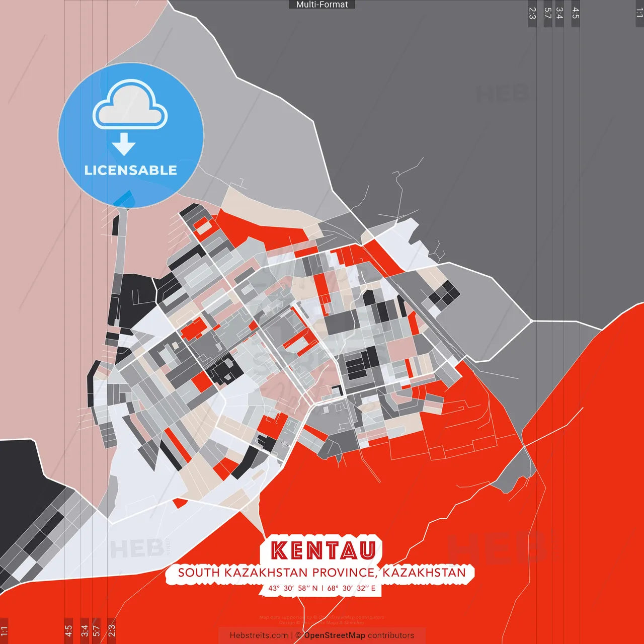 Kentau, South Kazakhstan Province, Kazakhstan - modern street map poster template with gray and red tones