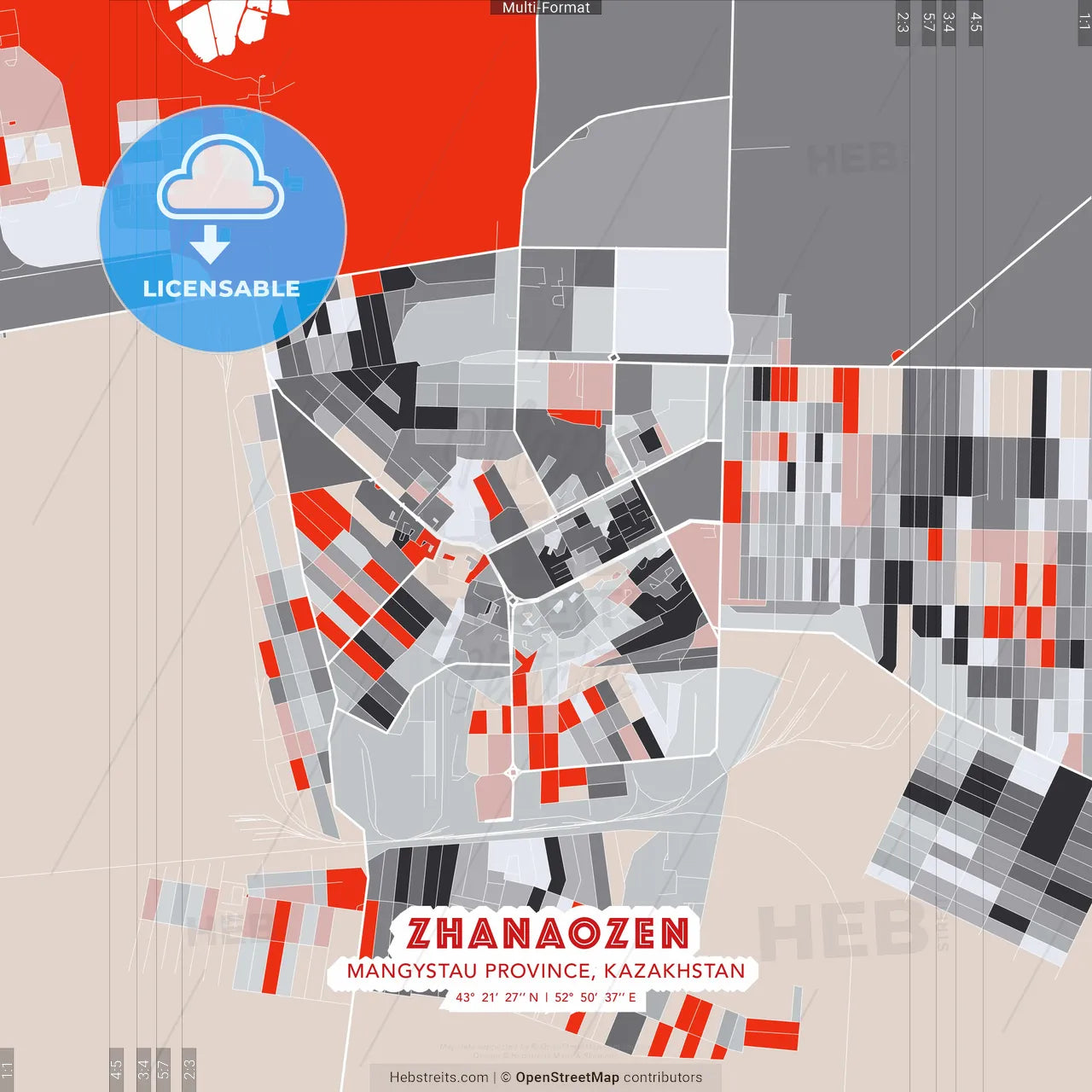 Zhanaozen, Mangystau Province, Kazakhstan - modern street map poster template with gray and red tones