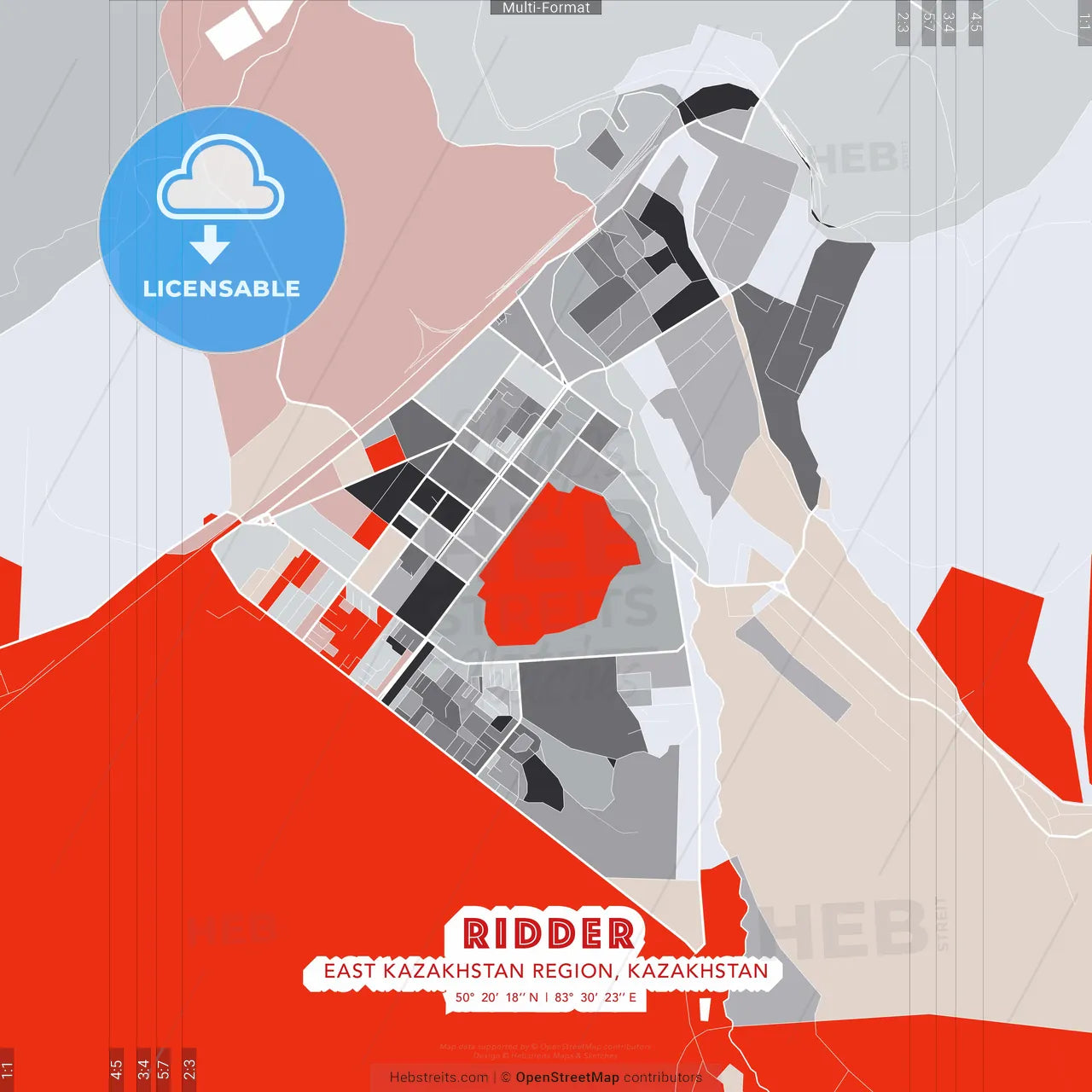 Ridder, East Kazakhstan Region, Kazakhstan - modern street map poster template with gray and red tones