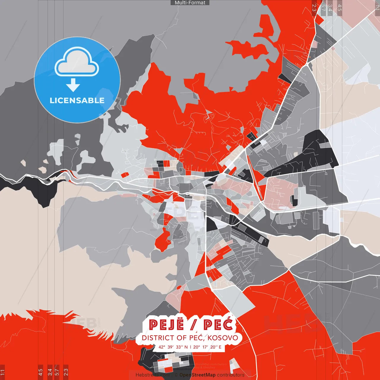 Pejë / Peć, District of Peć, Kosovo - modern street map poster template with gray and red tones
