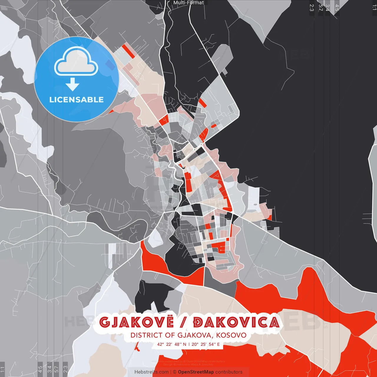 Gjakovë / Đakovica, District of Gjakova, Kosovo - modern street map poster template with gray and red tones