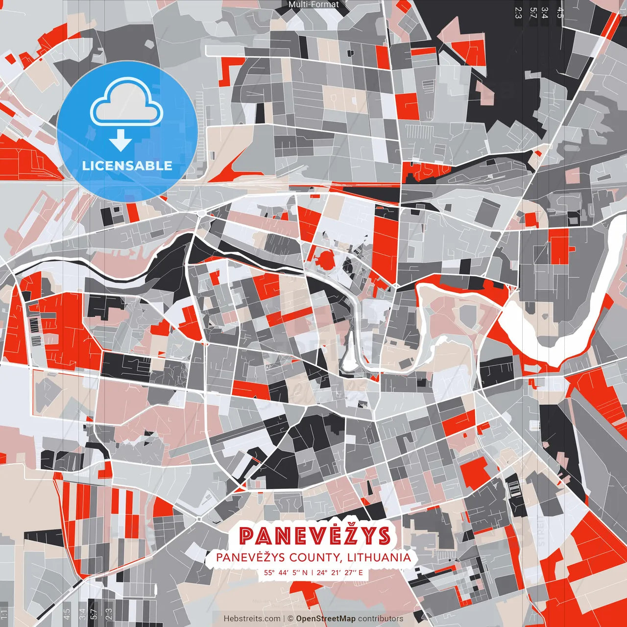 Panevėžys, Panevėžys County, Lithuania - modern street map poster template with gray and red tones
