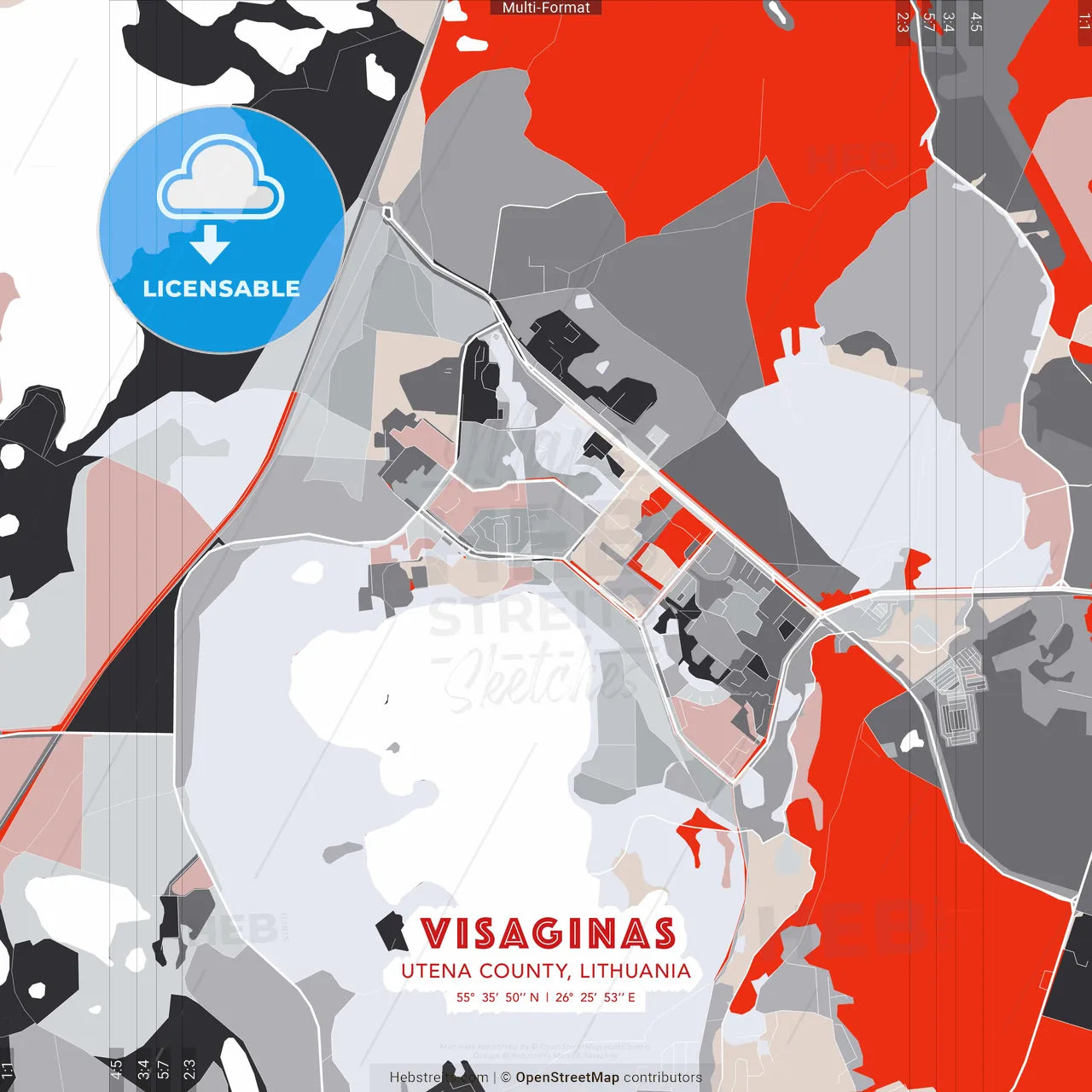 Visaginas, Utena County, Lithuania - modern street map poster template with gray and red tones