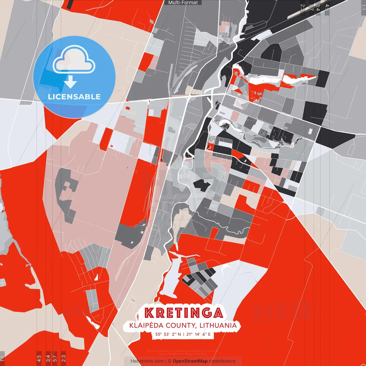 Kretinga, Klaipėda County, Lithuania - modern street map poster template with gray and red tones