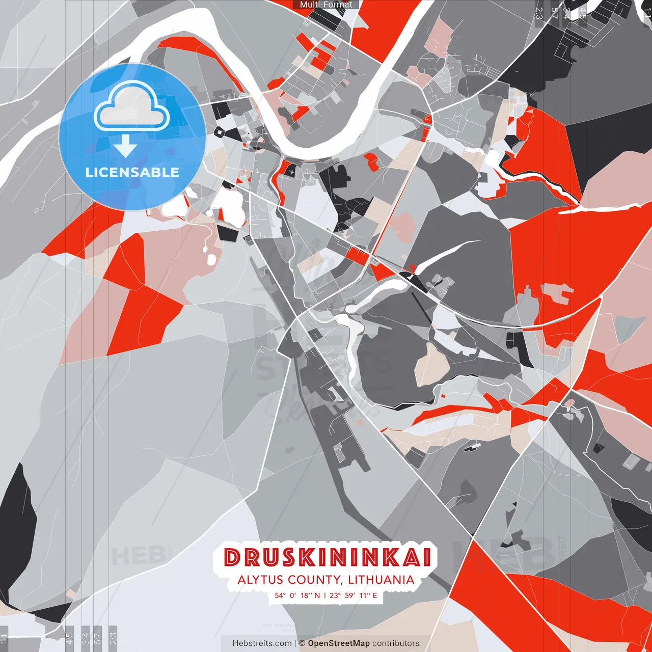 Druskininkai, Alytus County, Lithuania - modern street map poster template with gray and red tones