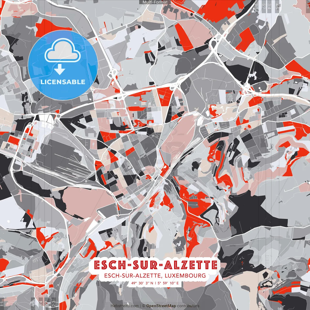 Esch-sur-Alzette, Esch-sur-Alzette, Luxembourg - modern street map poster template with gray and red tones