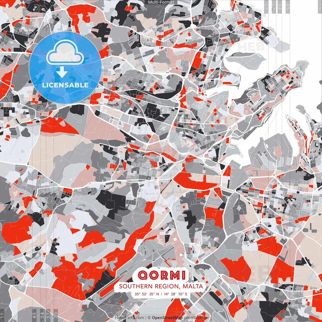 Qormi, Southern Region, Malta - modern street map poster template with gray and red tones