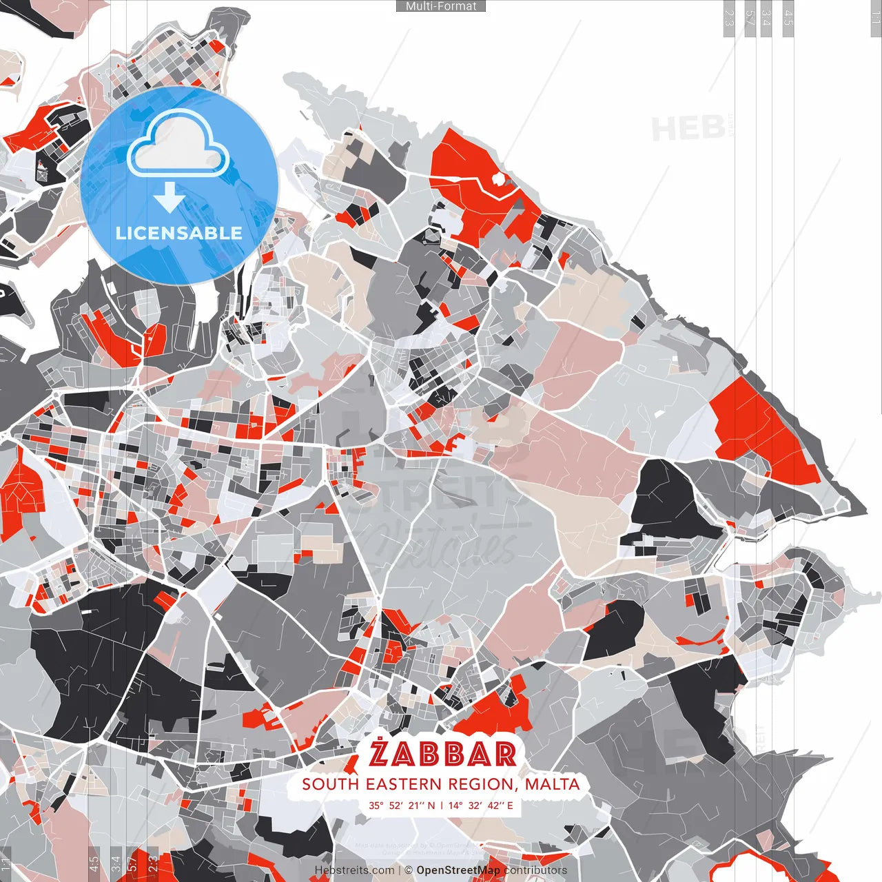 Żabbar, South Eastern Region, Malta - modern street map poster template with gray and red tones