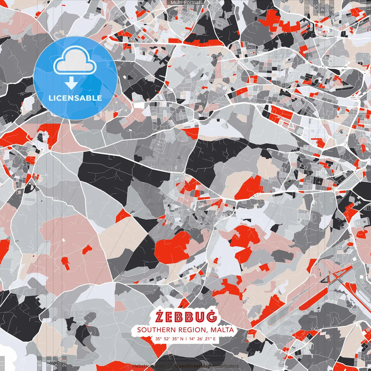 Żebbuġ, Southern Region, Malta - modern street map poster template with gray and red tones