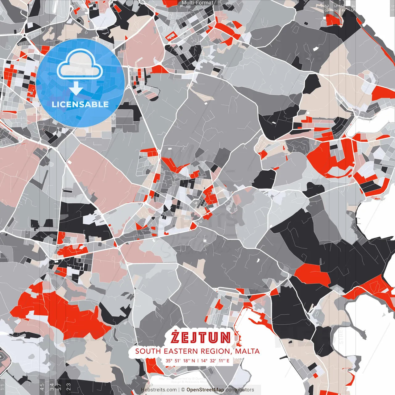 Żejtun, South Eastern Region, Malta - modern street map poster template with gray and red tones