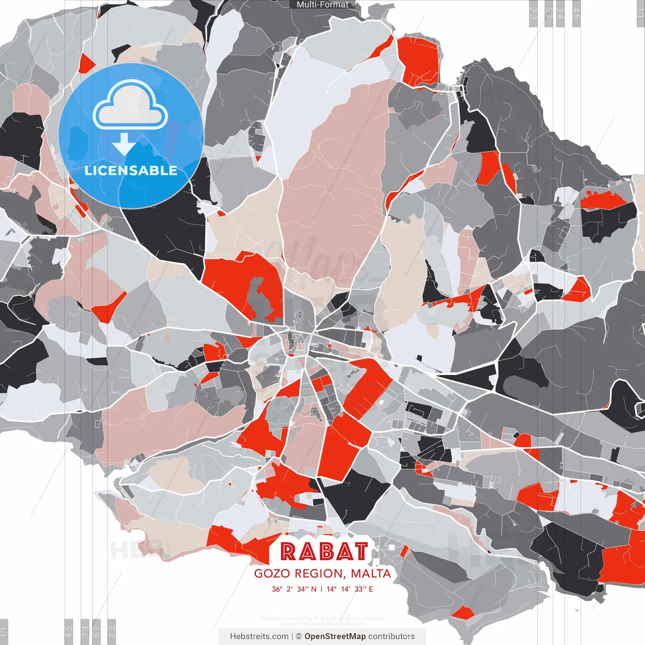 Rabat, Gozo Region, Malta - modern street map poster template with gray and red tones