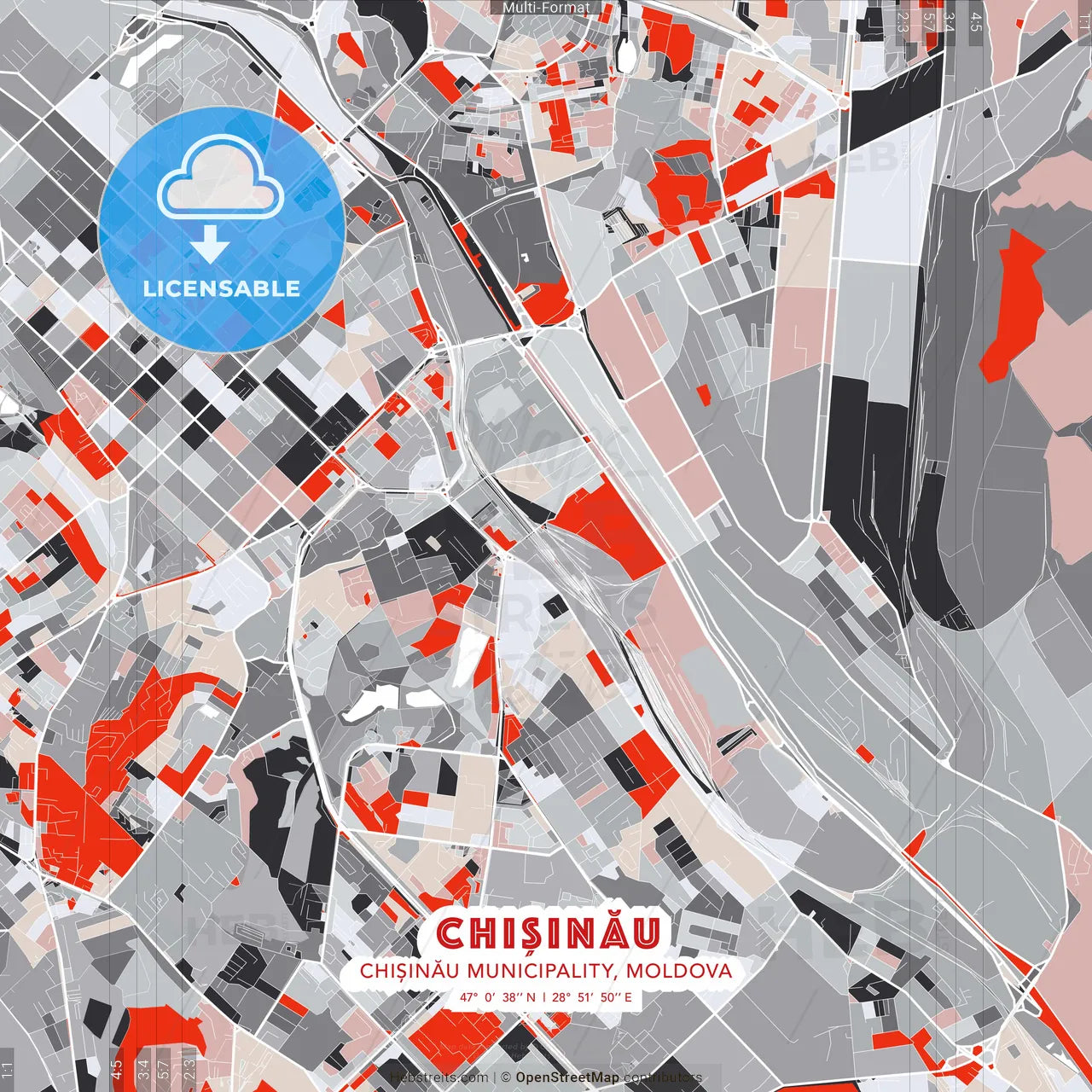 Chișinău, Chișinău municipality, Moldova - modern street map poster template with gray and red tones