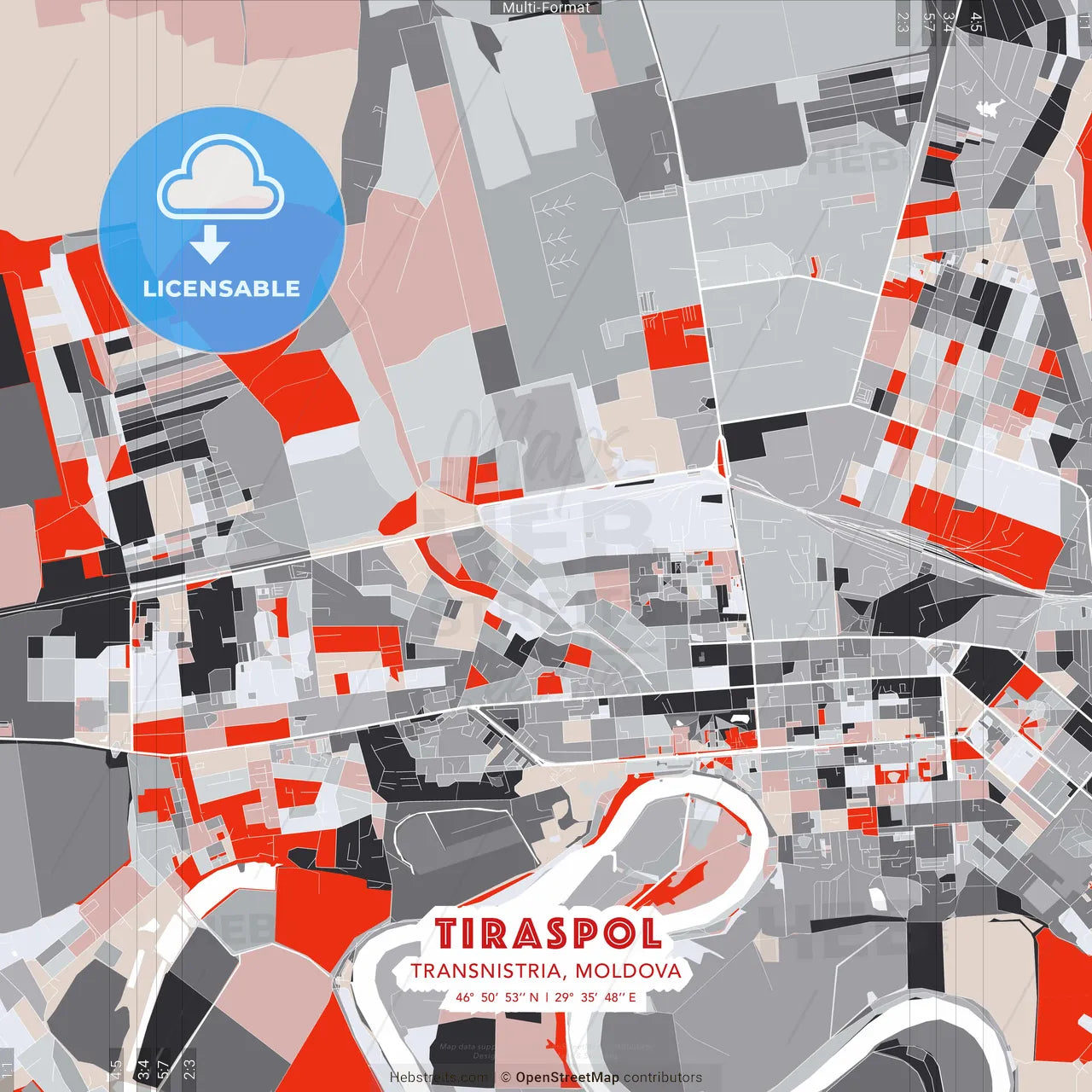 Tiraspol, Transnistria, Moldova - modern street map poster template with gray and red tones