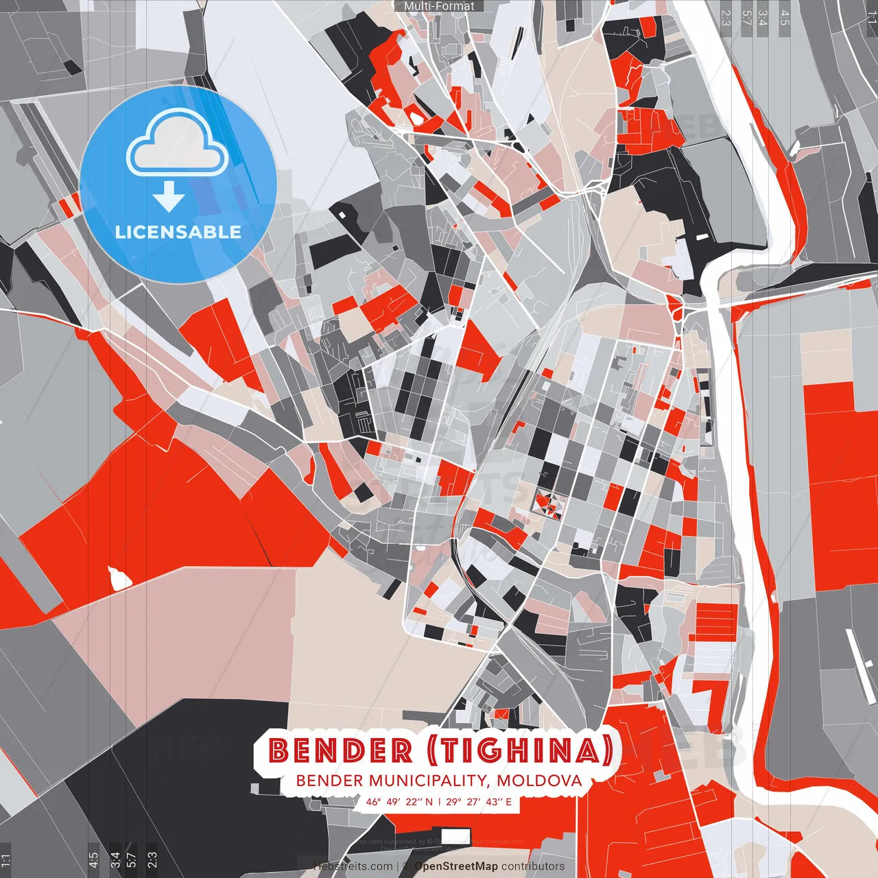 Bender (Tighina), Bender municipality, Moldova - modern street map poster template with gray and red tones