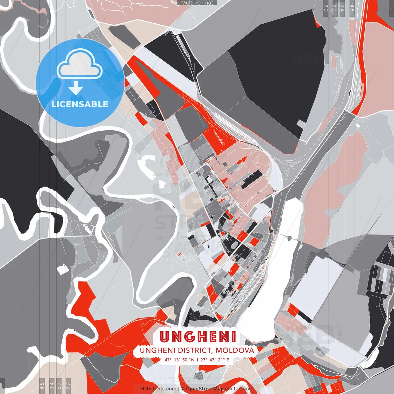 Ungheni, Ungheni district, Moldova - modern street map poster template with gray and red tones