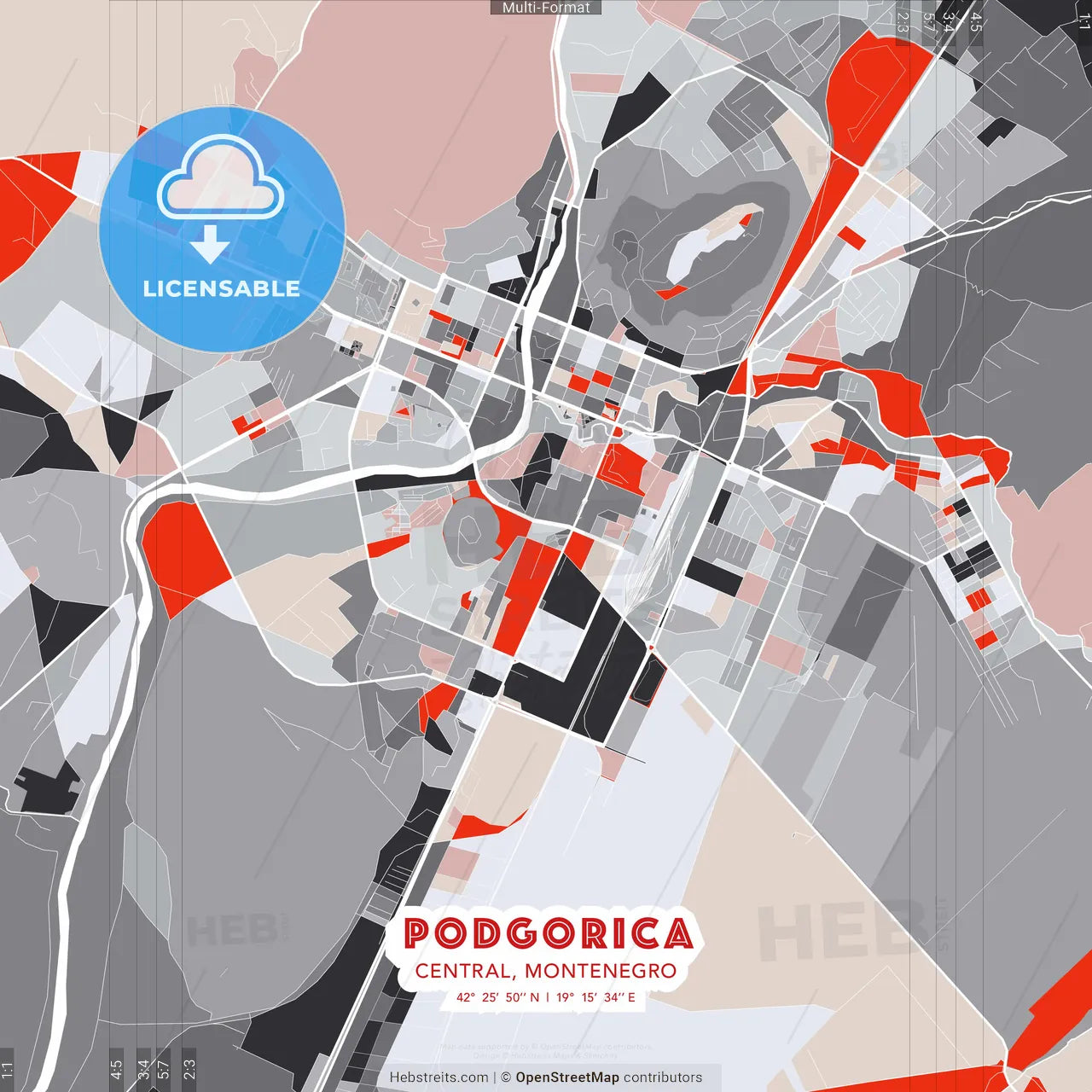 Podgorica, Central, Montenegro - modern street map poster template with gray and red tones