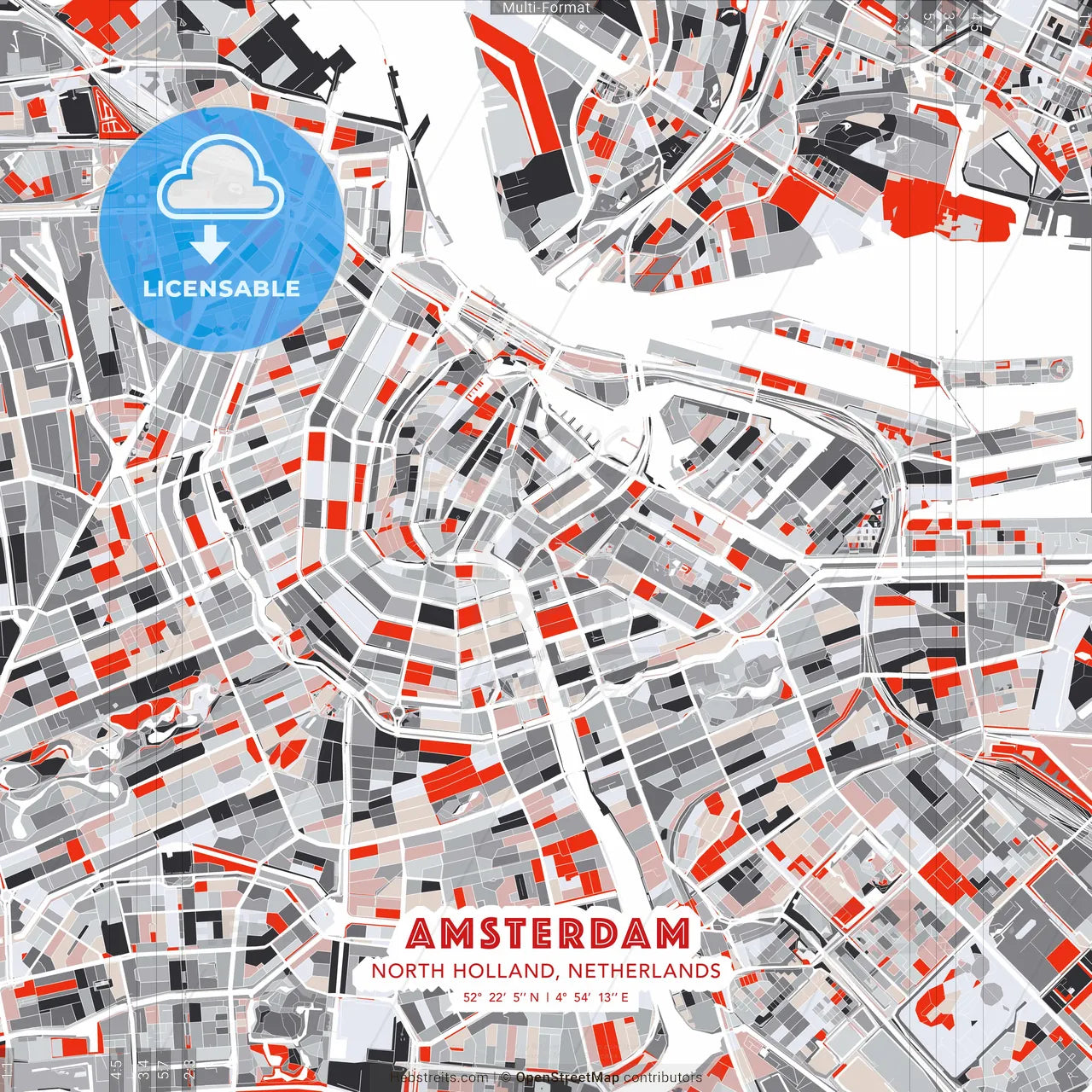 Amsterdam, North Holland, Netherlands - modern street map poster template with gray and red tones