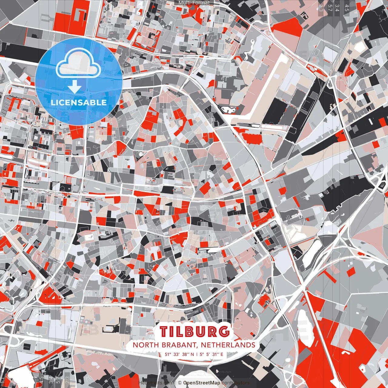 Tilburg, North Brabant, Netherlands - modern street map poster template with gray and red tones