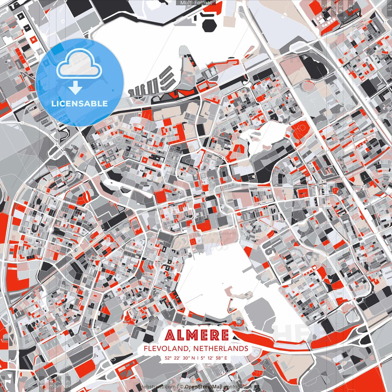 Almere, Flevoland, Netherlands - modern street map poster template with gray and red tones