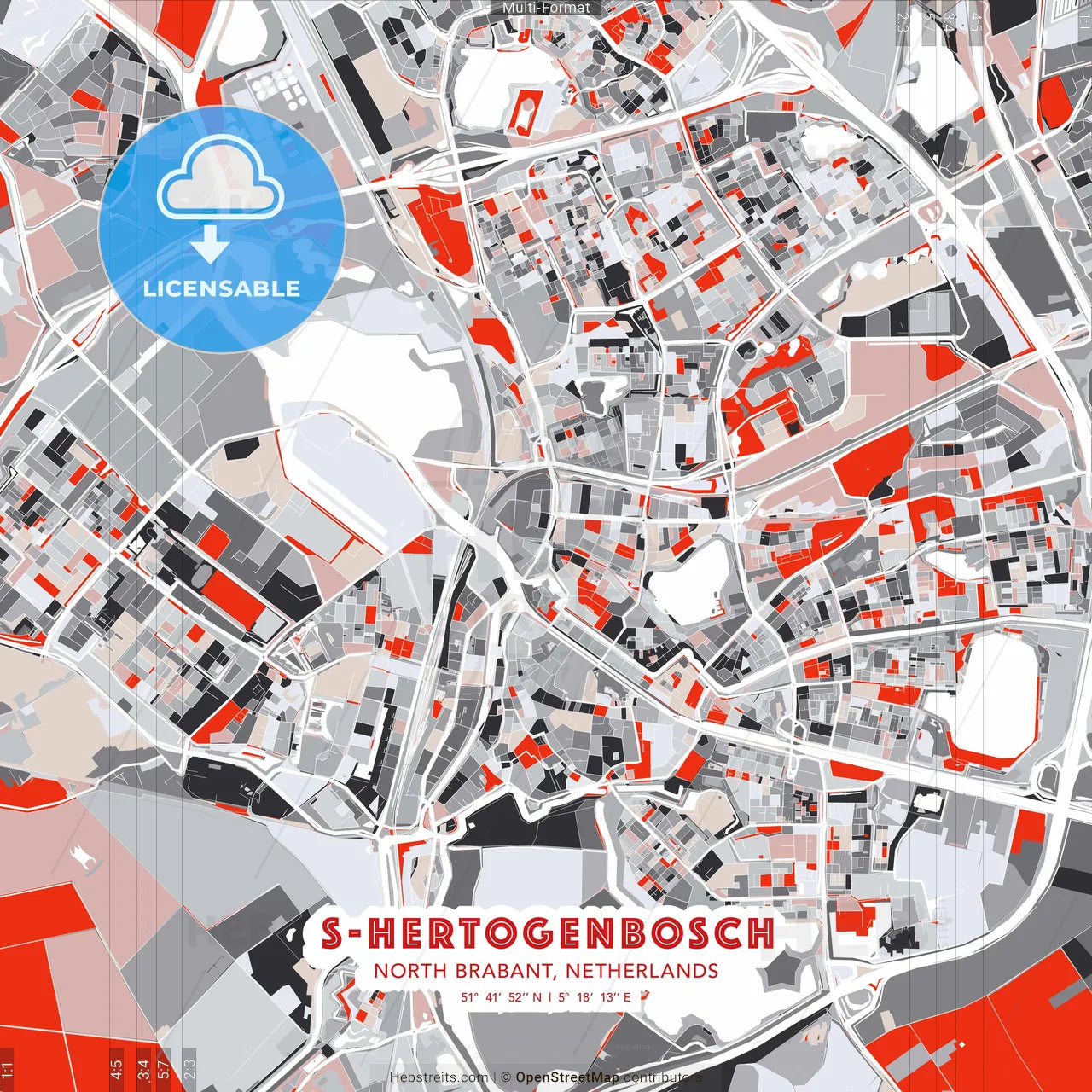 s-Hertogenbosch, North Brabant, Netherlands - modern street map poster template with gray and red tones