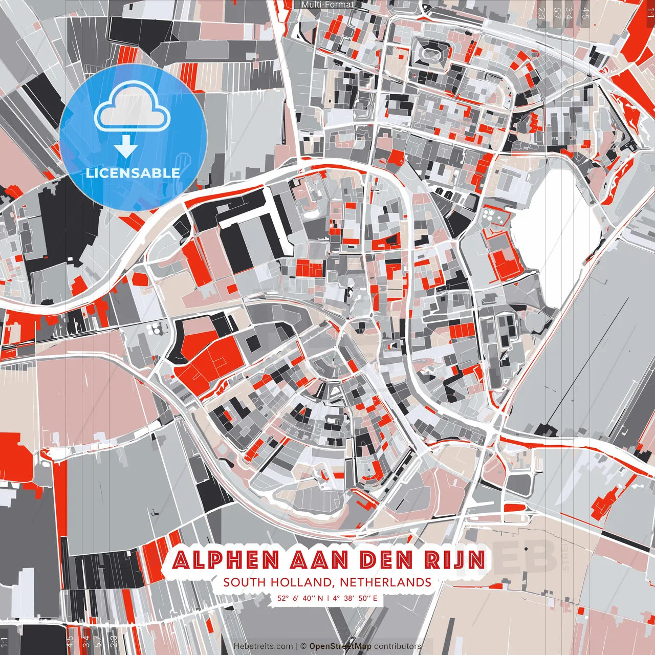 Alphen aan den Rijn, South Holland, Netherlands - modern street map poster template with gray and red tones