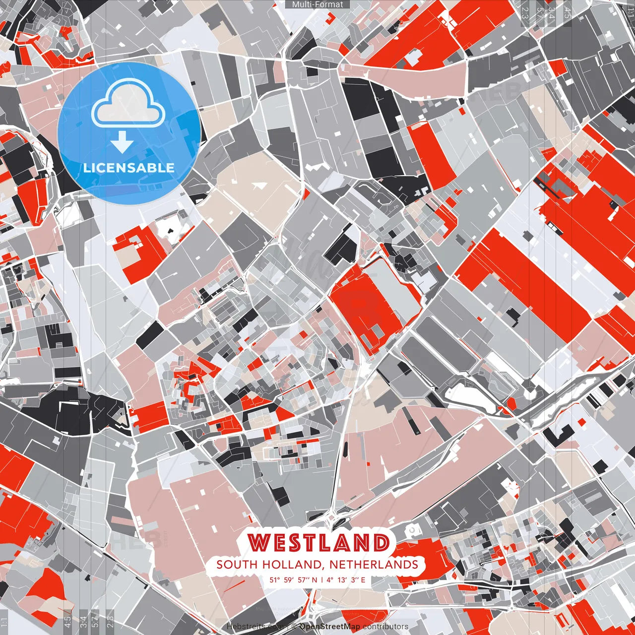 Westland, South Holland, Netherlands - modern street map poster template with gray and red tones