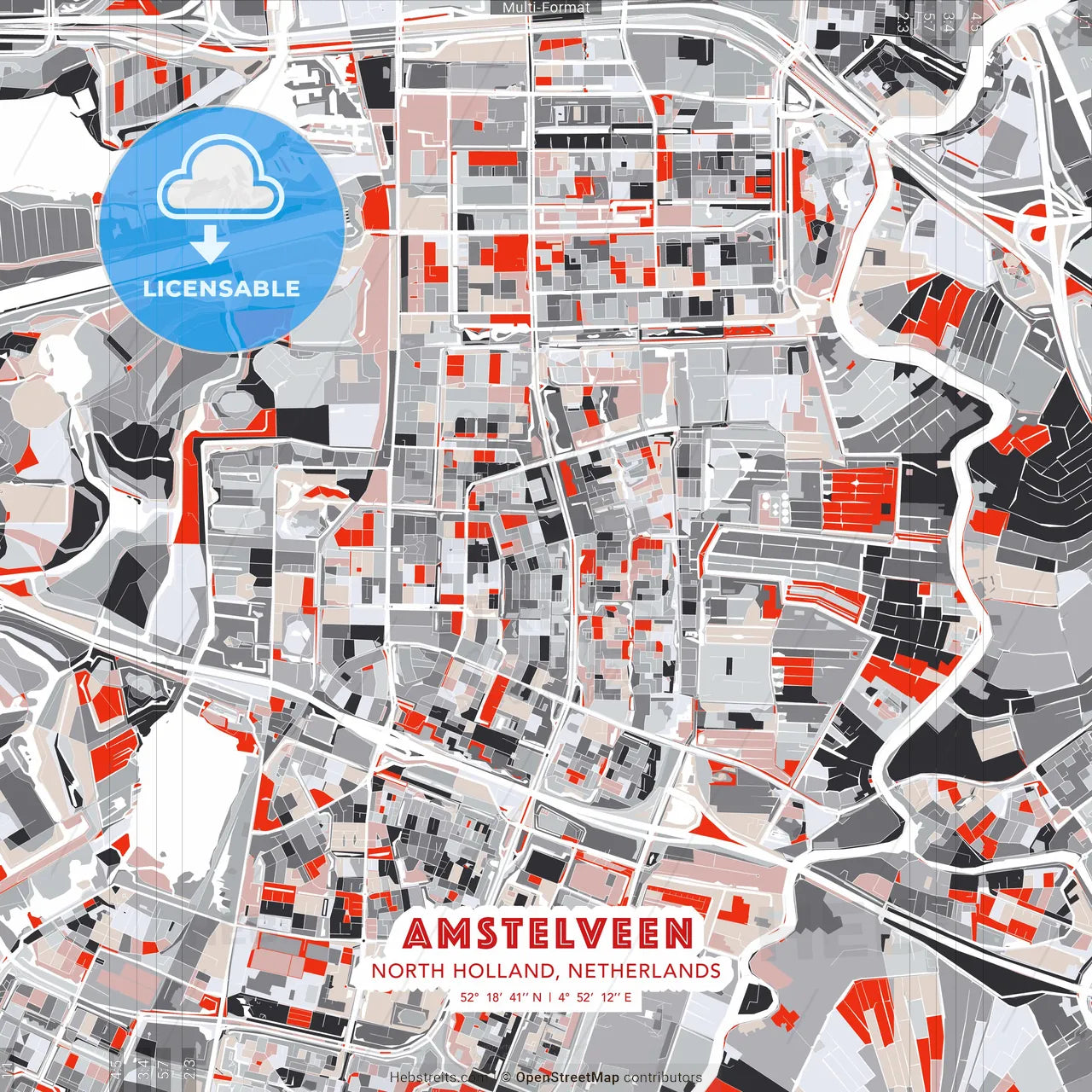 Amstelveen, North Holland, Netherlands - modern street map poster template with gray and red tones