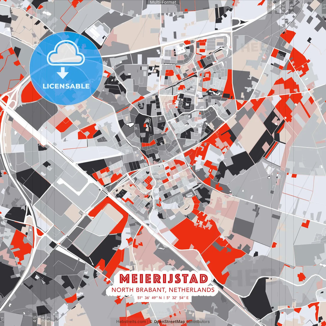 Meierijstad, North Brabant, Netherlands - modern street map poster template with gray and red tones