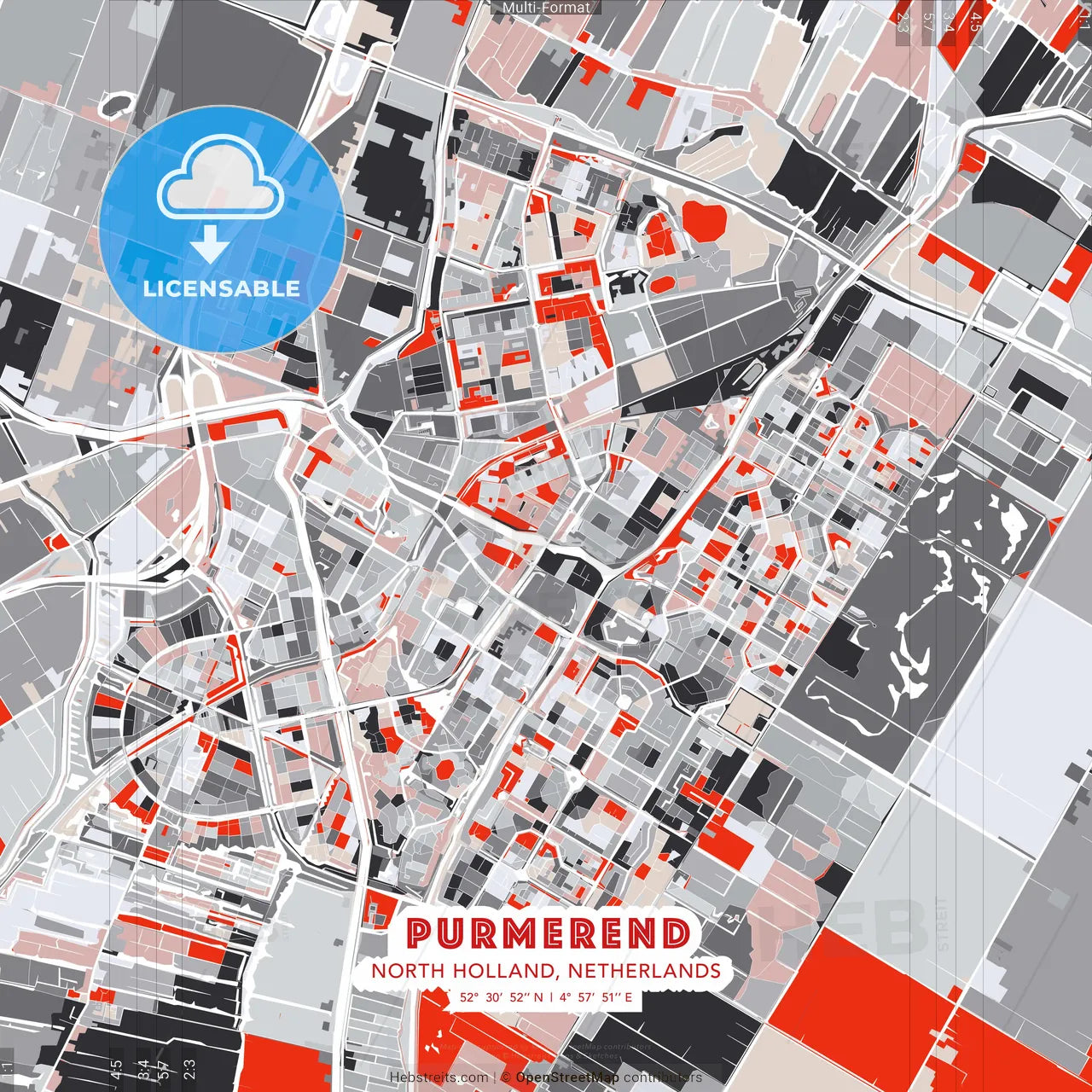 Purmerend, North Holland, Netherlands - modern street map poster template with gray and red tones