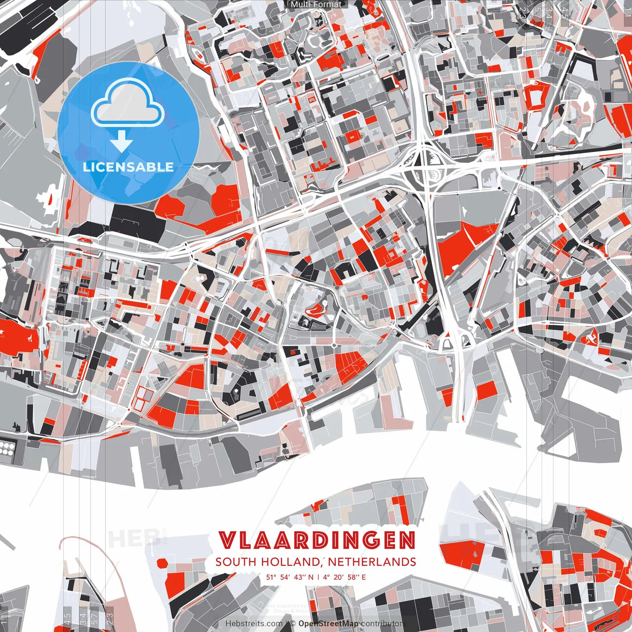 Vlaardingen, South Holland, Netherlands - modern street map poster template with gray and red tones