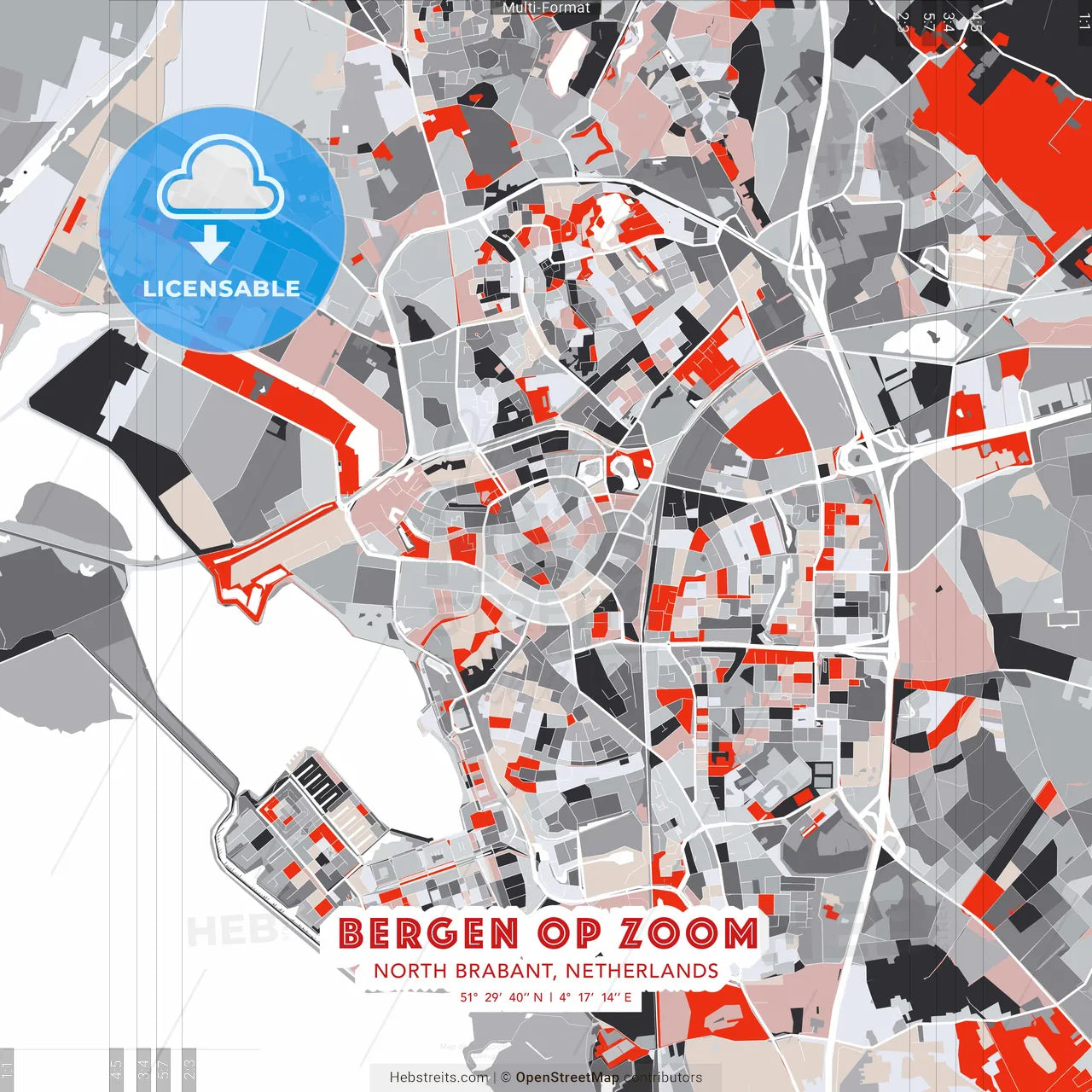 Bergen op Zoom, North Brabant, Netherlands - modern street map poster template with gray and red tones