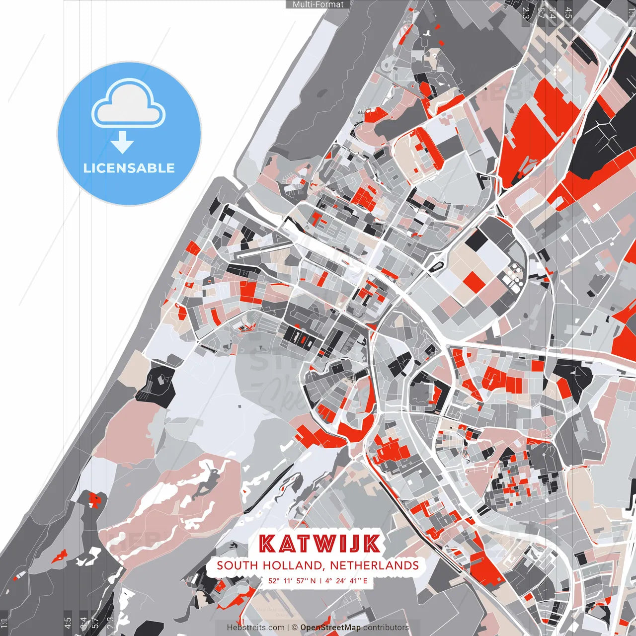 Katwijk, South Holland, Netherlands - modern street map poster template with gray and red tones