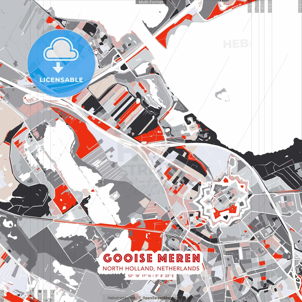 Gooise Meren, North Holland, Netherlands - modern street map poster template with gray and red tones